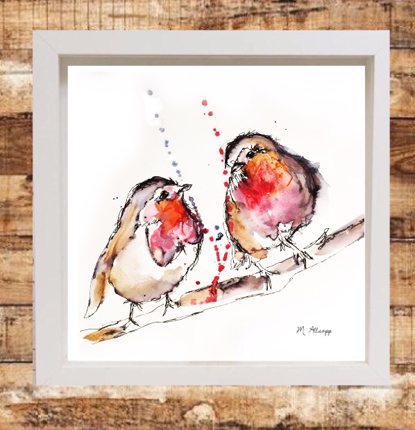 Robins Print on Canvas - Framed in White-0