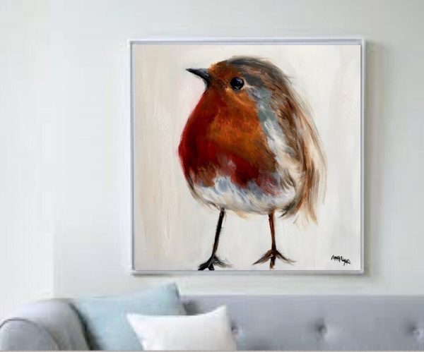 Robin Chick Print on Canvas - Framed in White-0